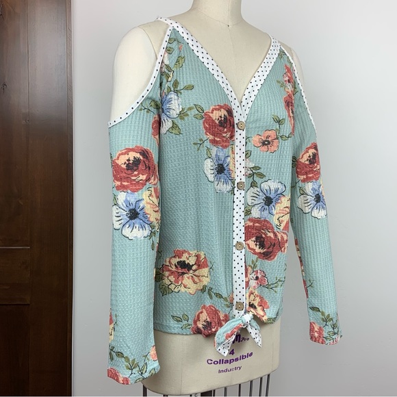 Oddi Retro Spring Floral Rose Polka Dot Teal Cutout Cold Shoulder Bow Top - Picture 4 of 16